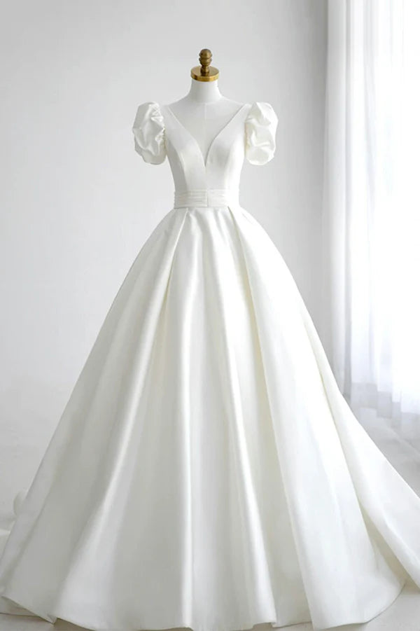 Wholesale White V-Neck Satin Long Prom Dress A-Line Short Sleeve Formal Dress